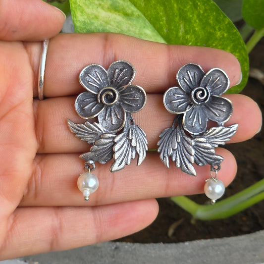 Naari Jewels Oxidised Germen Silver Flower Earrings with Leaf Pattern and Pearl Drop | Ethnic Jewellery for Women