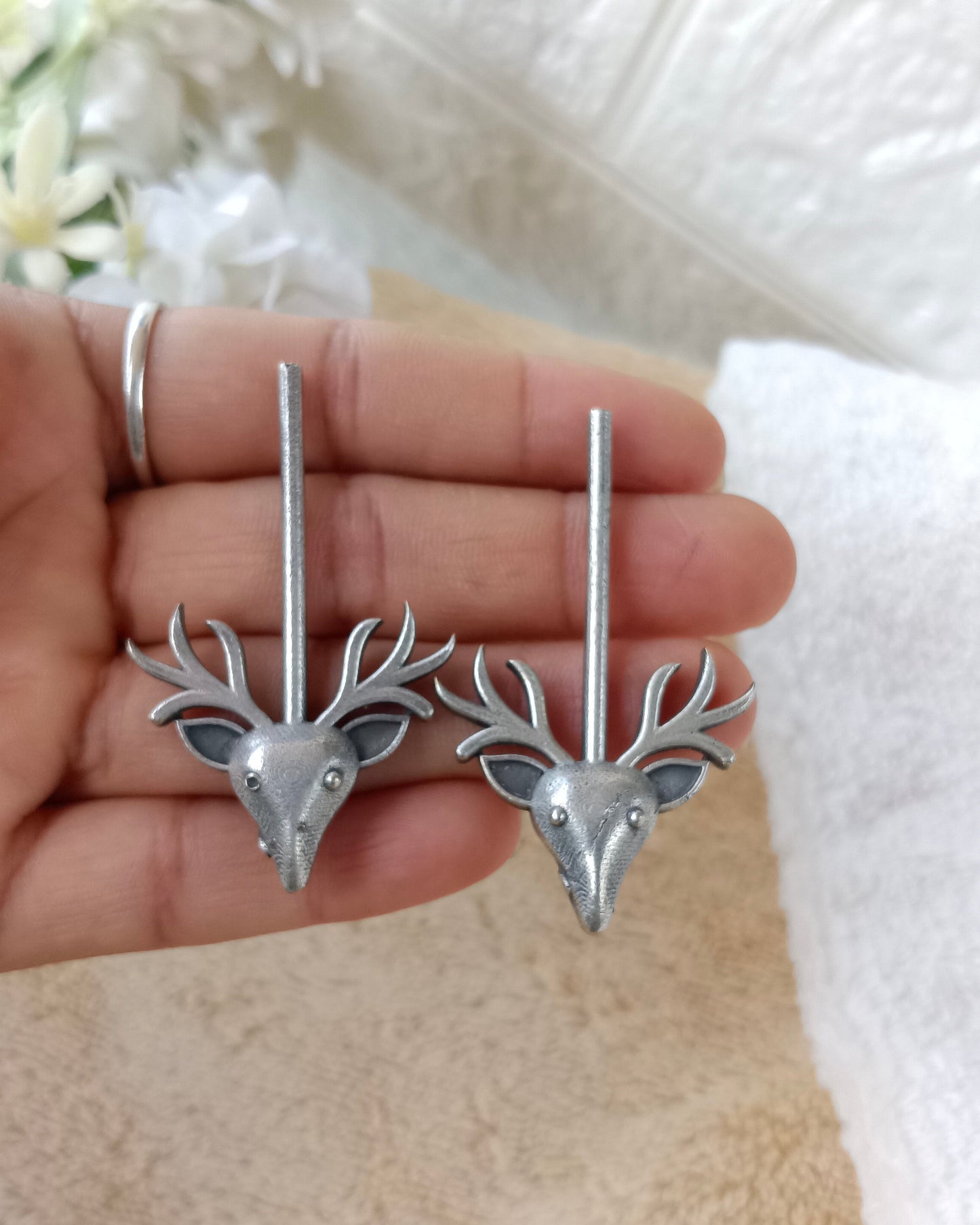 Naari Jewels Oxidized German Silver Deer Head Drop Earrings | Trendy Minimal Ethnic Jewelry for Women