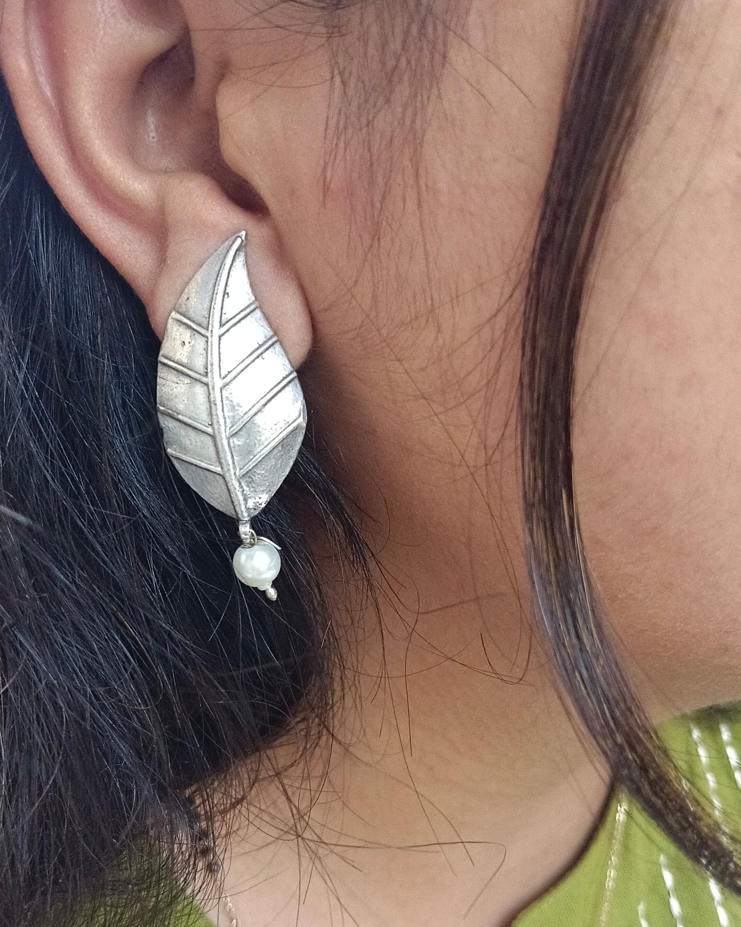 Naari Jewels Oxidized German Silver Leaf Earrings with Pearl Drop | Elegant Ethnic & Indo-Western Jewelry for Women
