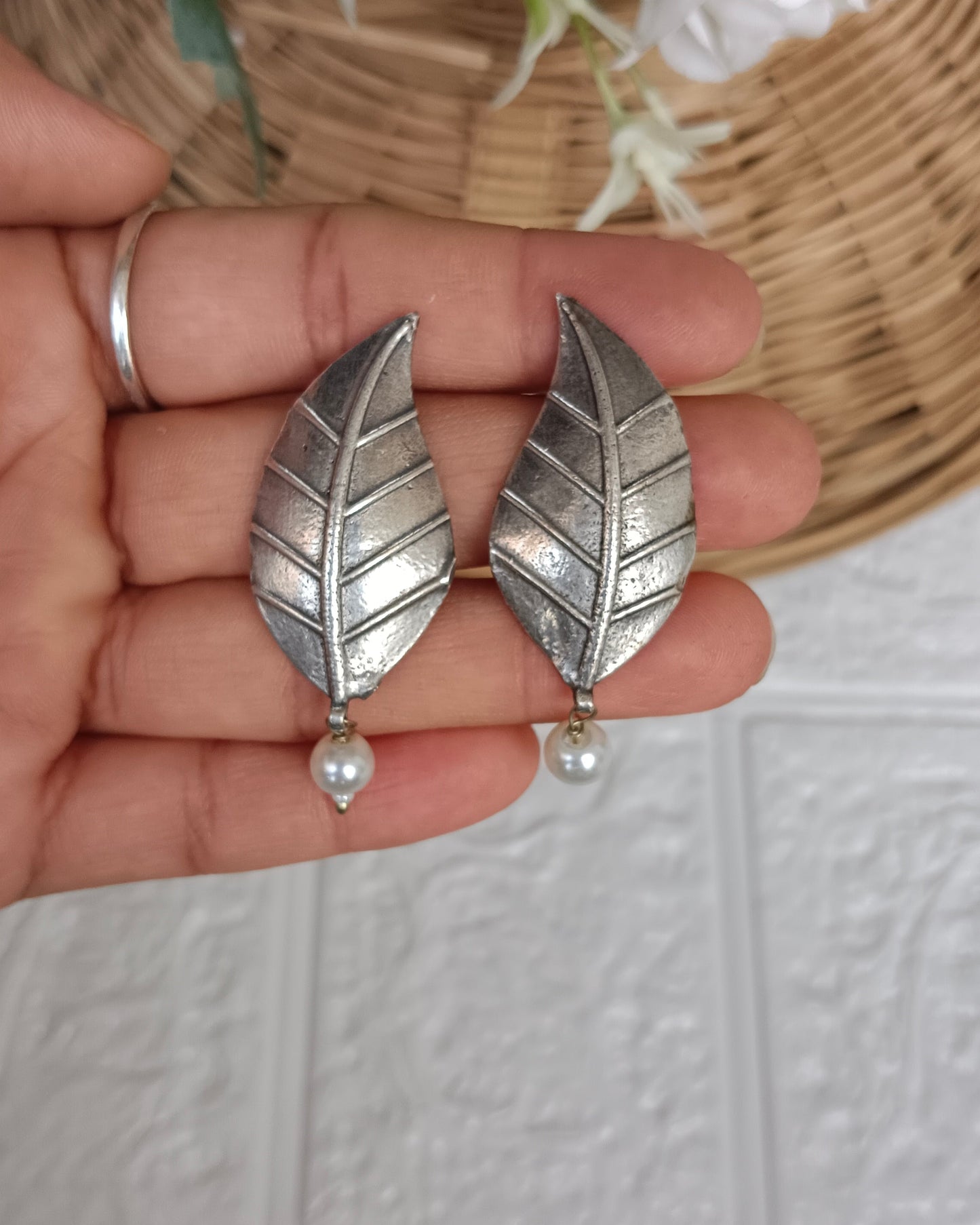 Naari Jewels Oxidized German Silver Leaf Earrings with Pearl Drop | Elegant Ethnic & Indo-Western Jewelry for Women