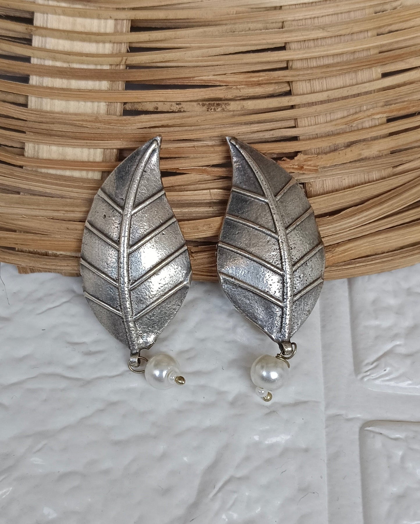 Naari Jewels Oxidized German Silver Leaf Earrings with Pearl Drop | Elegant Ethnic & Indo-Western Jewelry for Women