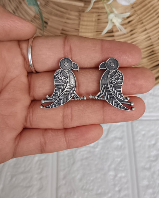 Naari Jewels Oxidized German Silver Parrot Design Stud Bird Earrings for Women