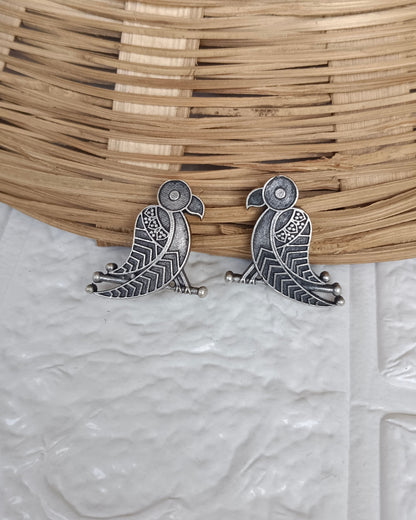Naari Jewels Oxidized German Silver Parrot Design Stud Bird Earrings for Women