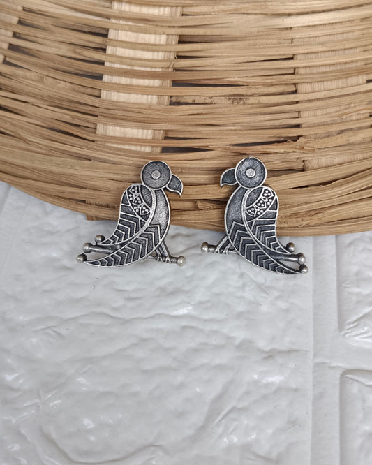Naari Jewels Oxidized German Silver Parrot Design Stud Bird Earrings for Women