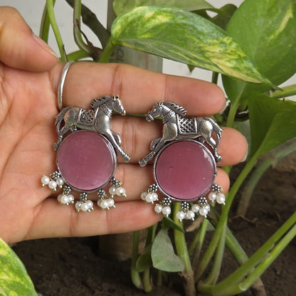 Naari Jewels Oxidized Germen Silver Horse Design with Pink Monalisa Stone | Ethnic Earring jewelry for Women