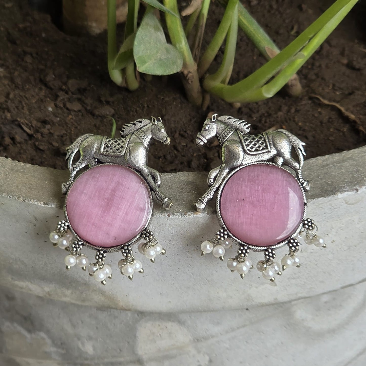 Naari Jewels Oxidized Germen Silver Horse Design with Pink Monalisa Stone | Ethnic Earring jewelry for Women