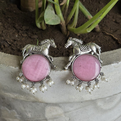 Naari Jewels Oxidized Germen Silver Horse Design with Pink Monalisa Stone | Ethnic Earring jewelry for Women
