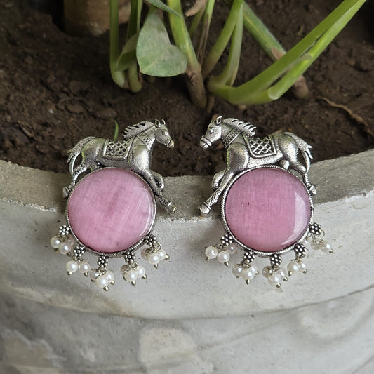 Naari Jewels Oxidized Germen Silver Horse Design with Pink Monalisa Stone | Ethnic Earring jewelry for Women