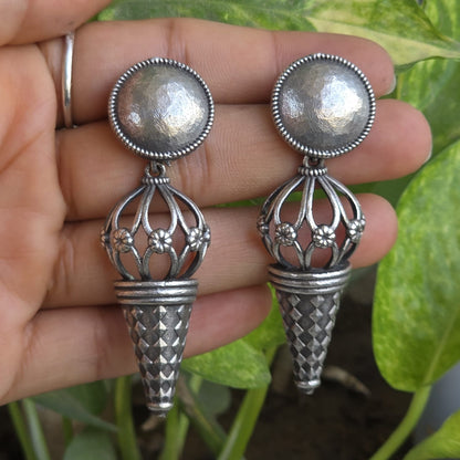 Naari Jewels Oxidized German Silver Dome & Cone Drop Earrings | Handcrafted Ethnic Statement Danglers for Women