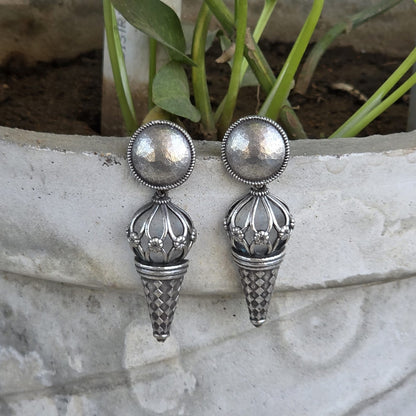 Naari Jewels Oxidized German Silver Dome & Cone Drop Earrings | Handcrafted Ethnic Statement Danglers for Women