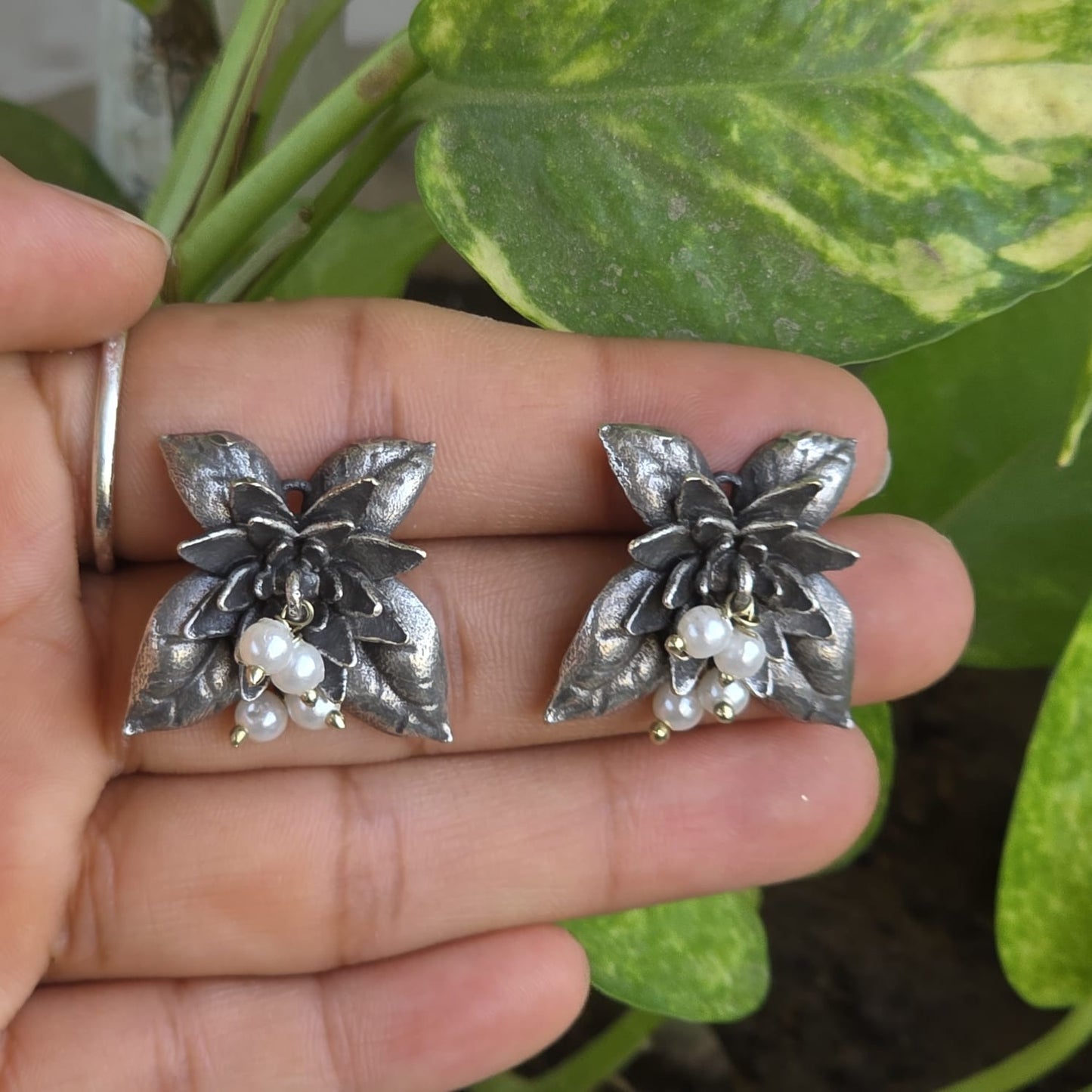 Naari Jewels Oxidized German Silver Floral Stud Earrings with Pearl Drops | Elegant Ethnic Flower Design for Women