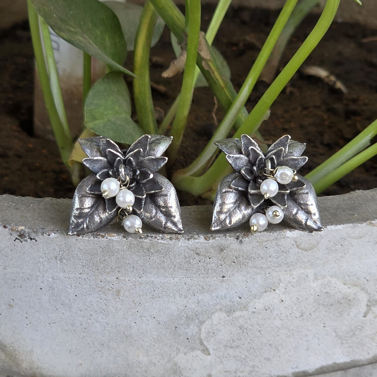 Naari Jewels Oxidized German Silver Floral Stud Earrings with Pearl Drops | Elegant Ethnic Flower Design for Women