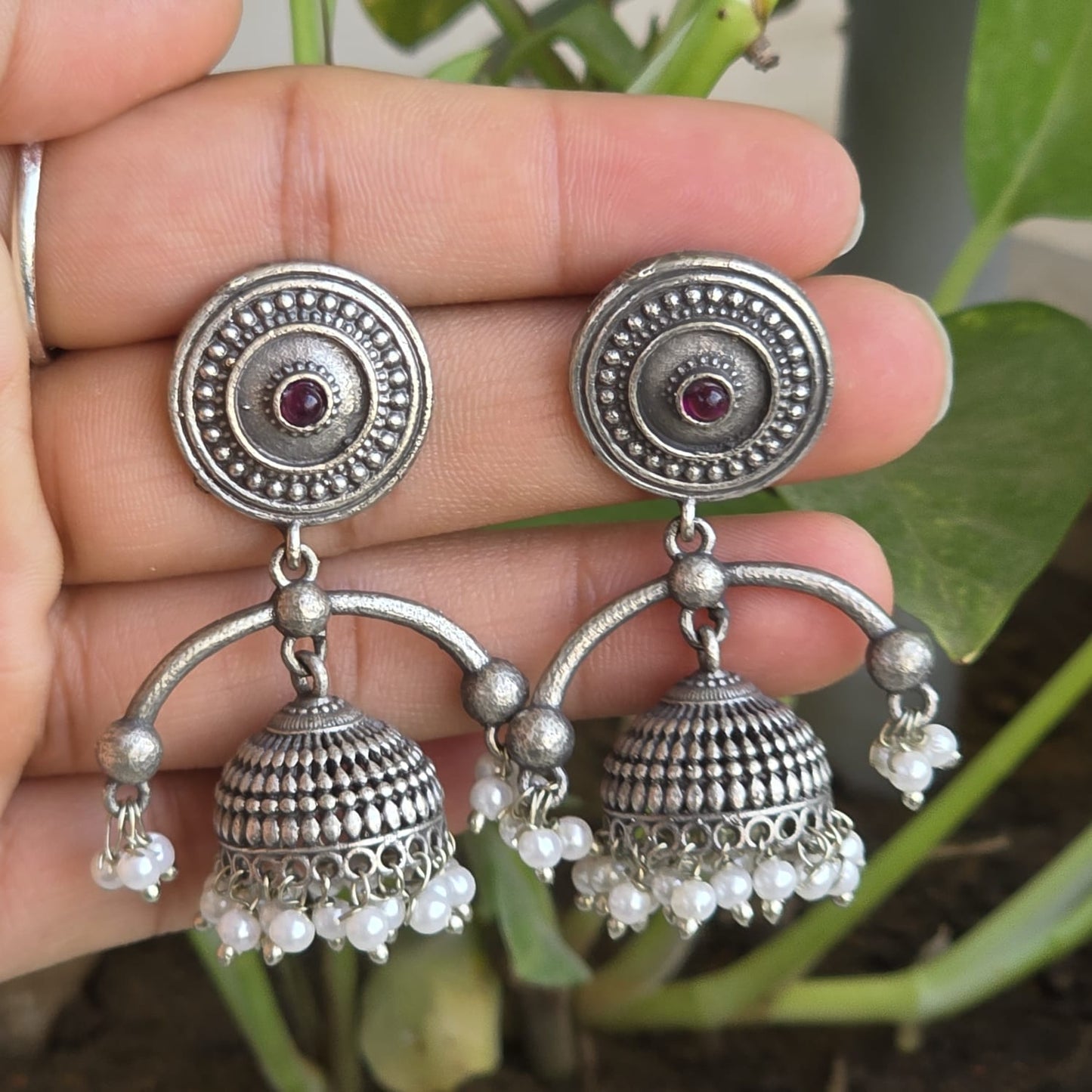 Naari Jewels Oxidized German Silver Jhumka Earrings with Pearl Drops | Traditional Ethnic Dome Earrings for Women