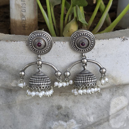 Naari Jewels Oxidized German Silver Jhumka Earrings with Pearl Drops | Traditional Ethnic Dome Earrings for Women