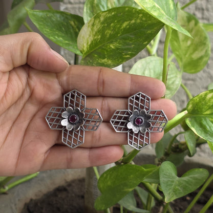 Naari Jewels Oxidized German Silver Vintage Bloom Grid Design Stud Earrings | Ethnic Statement Jewelry for Women
