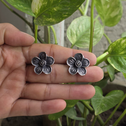 Naari Jewels Oxidized German Silver Rustic Flower Stud Earrings | Ethnic Statement Jewelry for Women