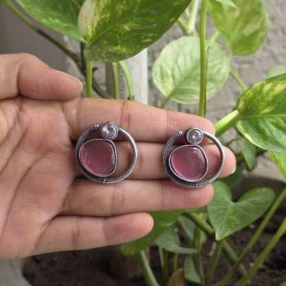 Naari Jewels Celeste Loop Oxidised Stud Earrings | Pink Stone Halo Design | Elegant German Silver Jewellery