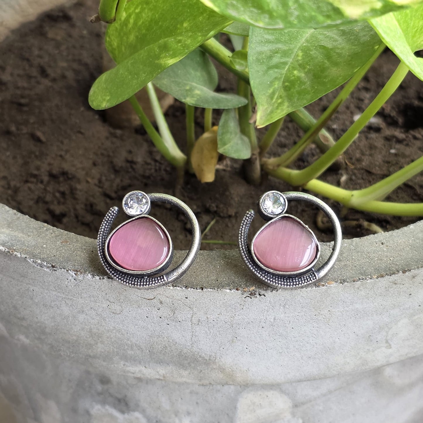Naari Jewels Celeste Loop Oxidised Stud Earrings | Pink Stone Halo Design | Elegant German Silver Jewellery