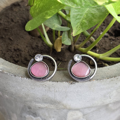 Naari Jewels Celeste Loop Oxidised Stud Earrings | Pink Stone Halo Design | Elegant German Silver Jewellery