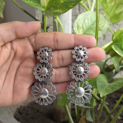 Naari Jewels Oxidised German Silver Triple Layer Floral Dangler Earrings for Women