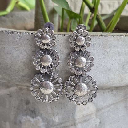 Naari Jewels Oxidised German Silver Triple Layer Floral Dangler Earrings for Women