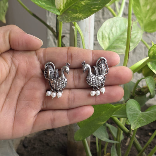 Naari Jewels Oxidized German Silver Royal Peacock Pearl Stud Earrings | Ethnic Statement Jewelry for Women