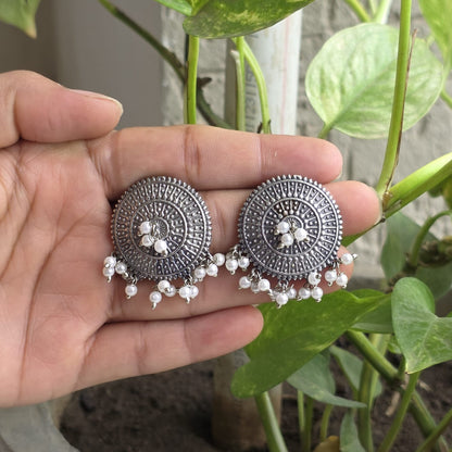 Naari Jewels Oxidized German Silver Chandrika Pearl Halo Stud Earrings | Ethnic Statement Jewelry for Women