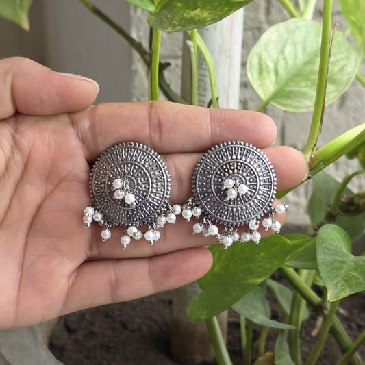 Naari Jewels Oxidized German Silver Chandrika Pearl Halo Stud Earrings | Ethnic Statement Jewelry for Women