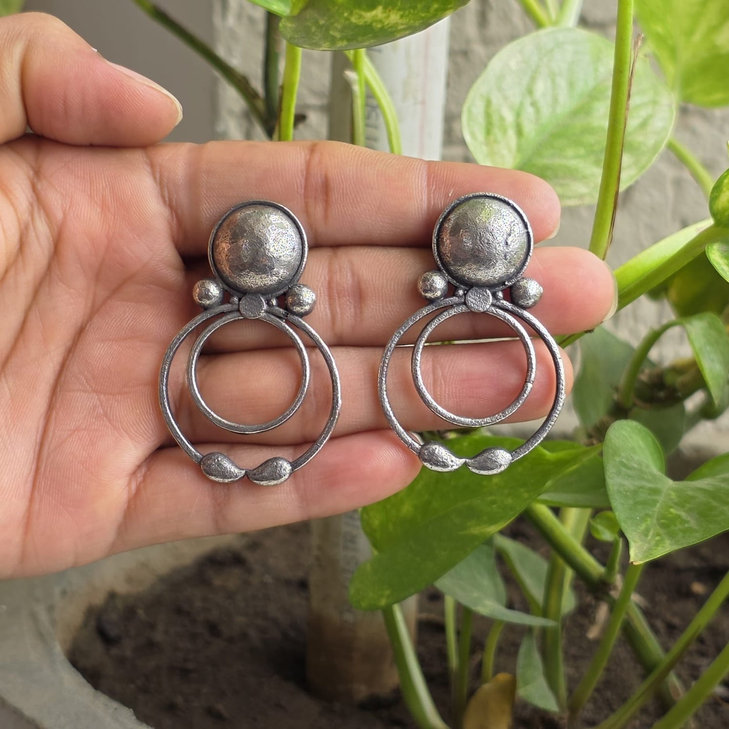 Naari Jewels Oxidized German Silver Tribal Double Circle Boho Earrings for Women | Antique Ethnic Brass Jewellery