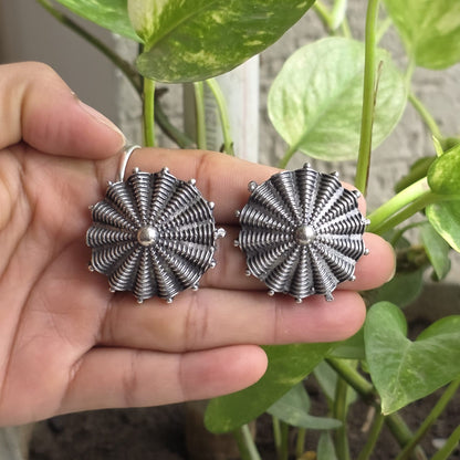 Naari Jewels Oxidized German Silver Sunburst Stud Earrings for Women | Antique Ethnic Brass Jewellery