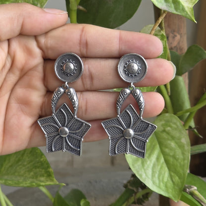 Naari Jewels Oxidised Brass & German Silver Star Flower Earrings for Women | Antique Silver Floral Statement Drop Earrings | Ethnic Boho Jewellery