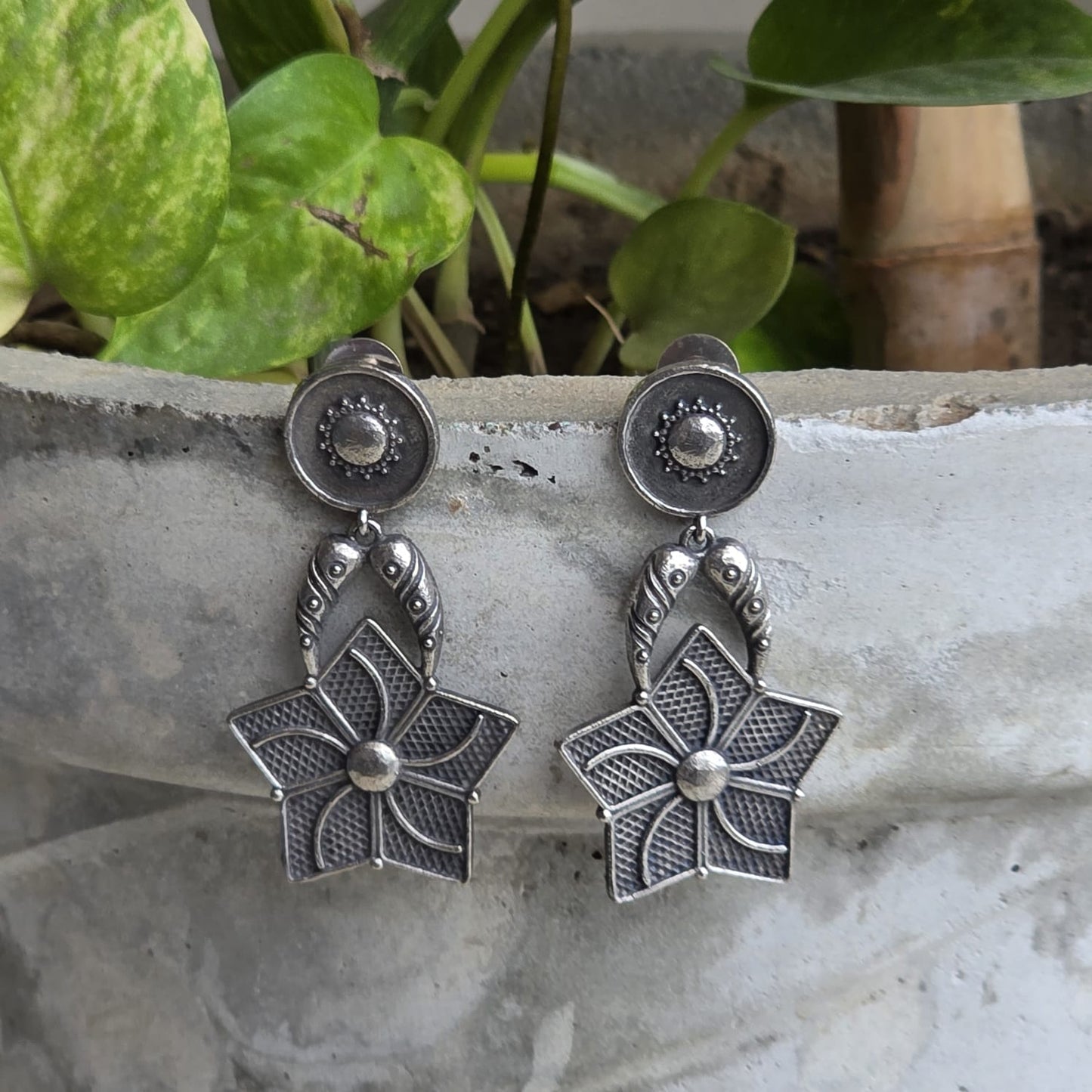 Naari Jewels Oxidised Brass & German Silver Star Flower Earrings for Women | Antique Silver Floral Statement Drop Earrings | Ethnic Boho Jewellery