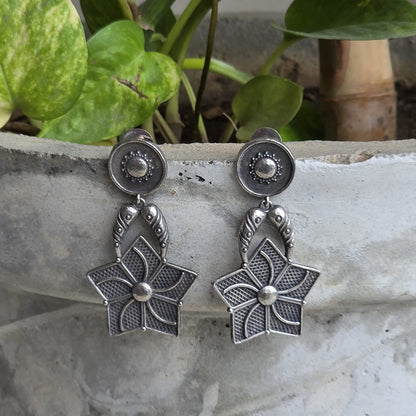 Naari Jewels Oxidised Brass & German Silver Star Flower Earrings for Women | Antique Silver Floral Statement Drop Earrings | Ethnic Boho Jewellery