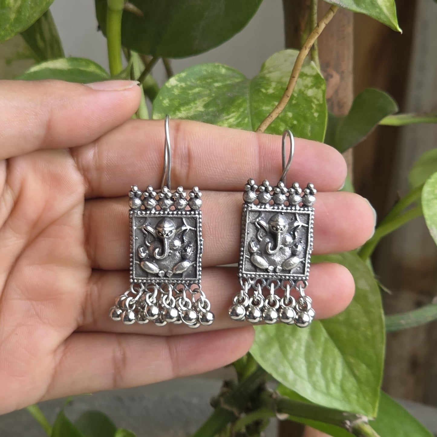 Naari Jewels Ganesha German Silver Brass Hanging Earrings for Women | Oxidised Dangle Earrings
