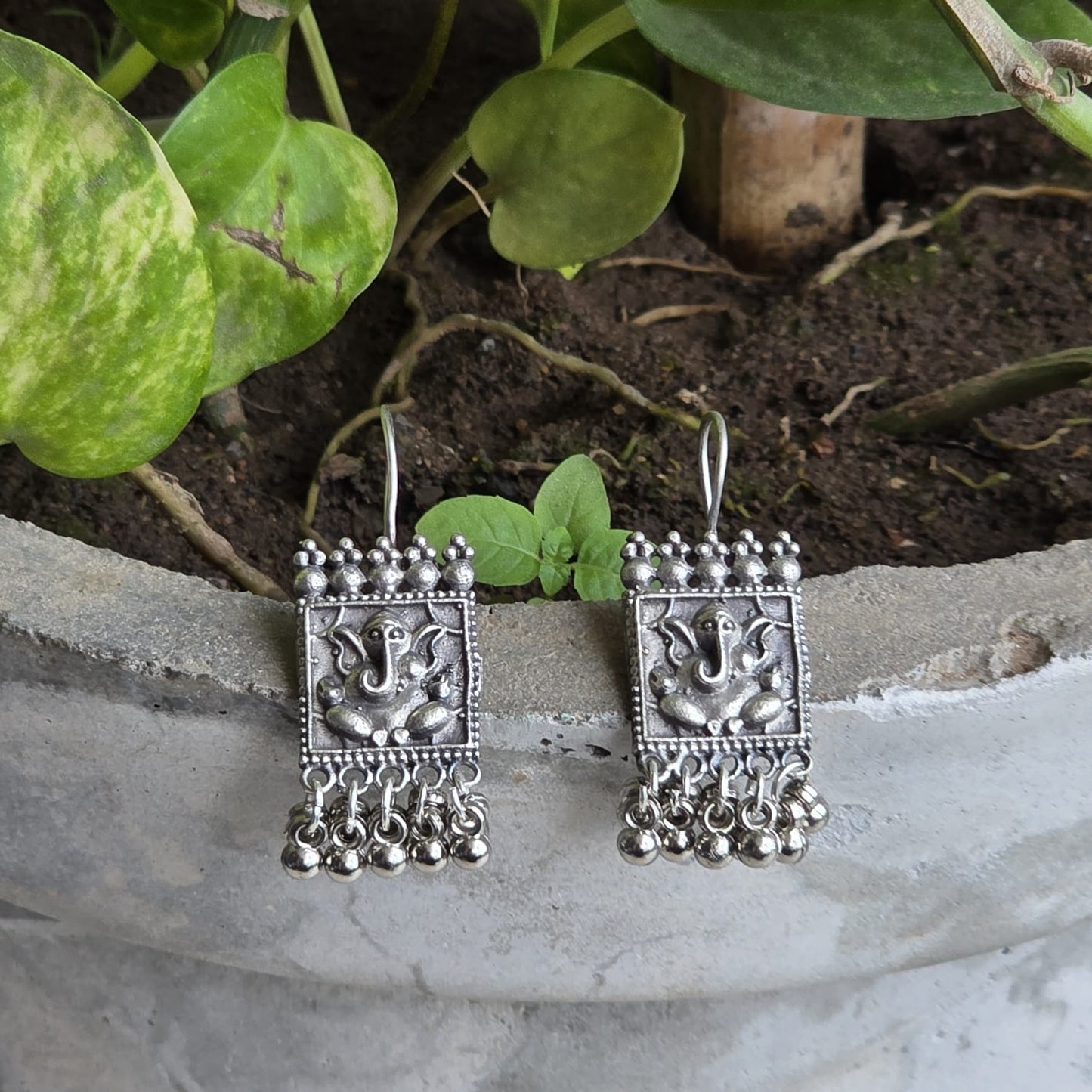 Naari Jewels Ganesha German Silver Brass Hanging Earrings for Women | Oxidised Dangle Earrings
