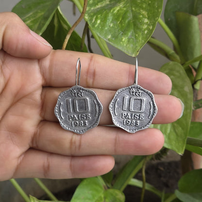 Naari Jewels 10 Paise 1983 Vintage Coin Inspired Oxidised German Silver Brass Earrings for Women