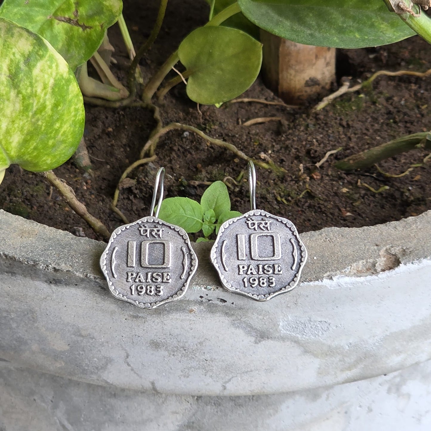 Naari Jewels 10 Paise 1983 Vintage Coin Inspired Oxidised German Silver Brass Earrings for Women