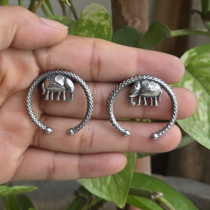 Naari Jewels Elephant German Silver Brass Earrings for Women | Oxidised Tribal Hoop Stud Earrings