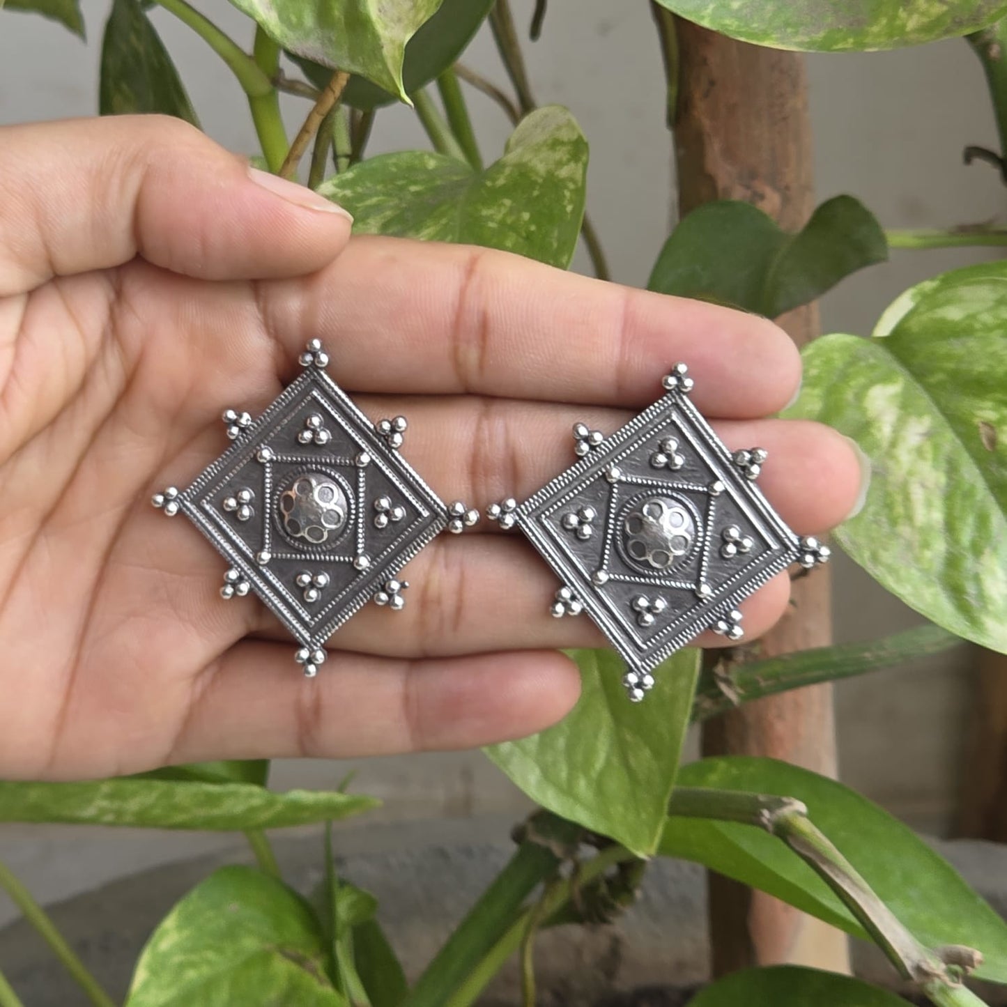 Naari Jewels Heritage Square German Silver Brass Earrings | Oxidised Traditional Studs for Women