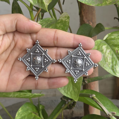 Naari Jewels Heritage Square German Silver Brass Earrings | Oxidised Traditional Studs for Women