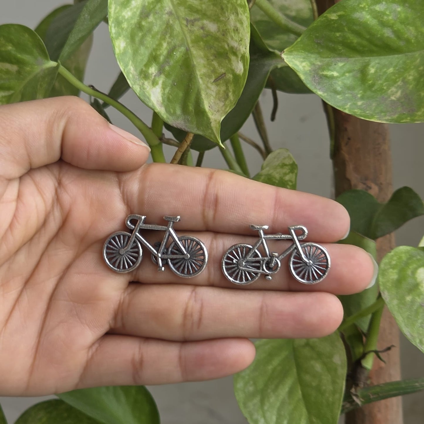 Naari Jewels Bicycle Design German Silver & Brass Earrings for Women | Oxidised Cycle Inspired Statement Stud Earrings