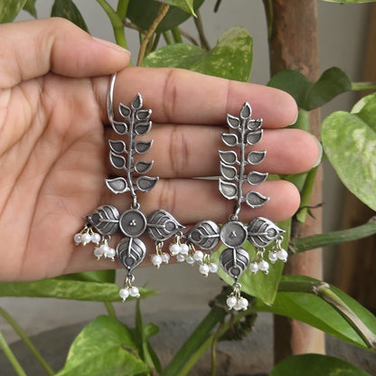 Naari Jewels Vanika Leaf Vine Oxidised German Silver Brass Earrings with Pearl Drops | Ethnic Earrings for Women