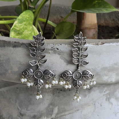 Naari Jewels Vanika Leaf Vine Oxidised German Silver Brass Earrings with Pearl Drops | Ethnic Earrings for Women