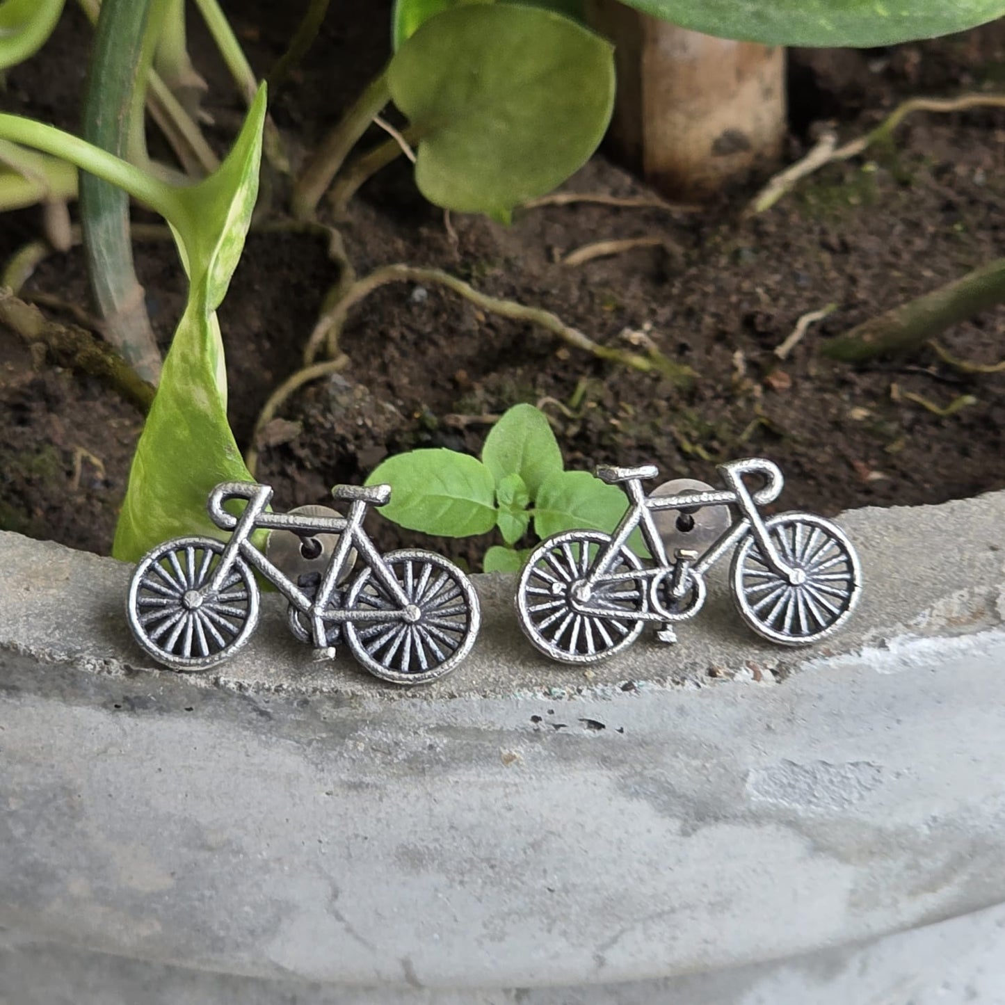 Naari Jewels Bicycle Design German Silver & Brass Earrings for Women | Oxidised Cycle Inspired Statement Stud Earrings