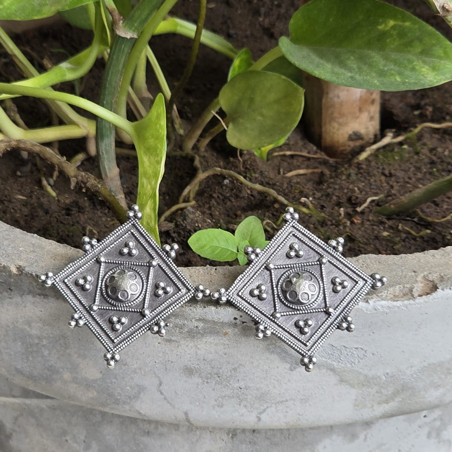 Naari Jewels Heritage Square German Silver Brass Earrings | Oxidised Traditional Studs for Women