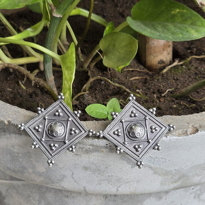Naari Jewels Heritage Square German Silver Brass Earrings | Oxidised Traditional Studs for Women