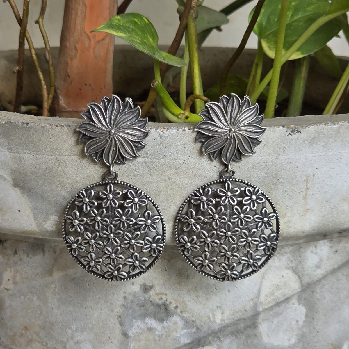 Naari Jewels Gulnaar Floral Filigree Long Drop Earrings | German Silver Statement Wedding Collection Jewelry For Women