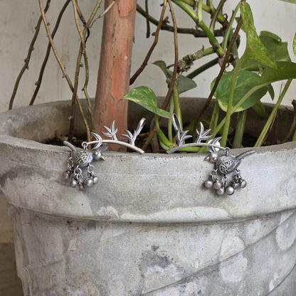 Naari Jewels Pankhuri Bird & Bell Drop Ear Cuff Earrings | German Silver Statement Jewerlry For Women