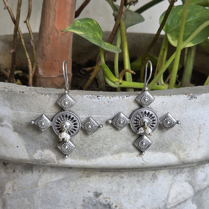 Naari Jewels Veyra Mandala Geometric Drop Dangle Earrings For Women | Classic German Silver Trendy Jewelry