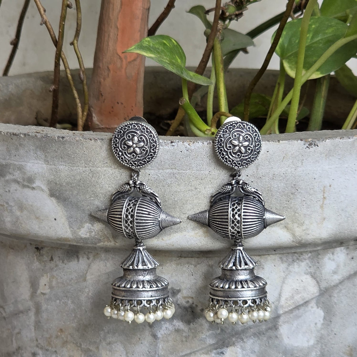 Naari Jewels Aavika Geometric Dome Statement Jhumka Earrings For Women | German Silver Long Drop Jewelry